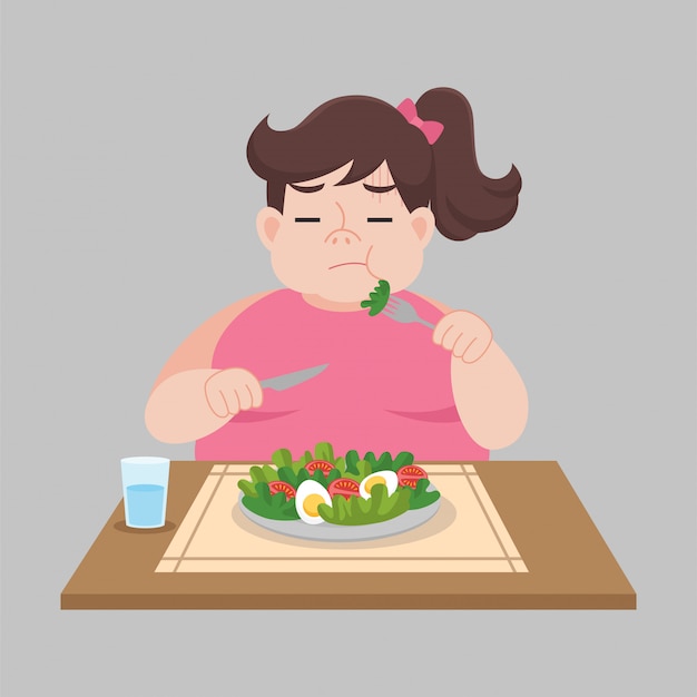 Die große glückliche Frau, die unglücklich ist, essen Nahrungsmittel, Salat, Gemüse