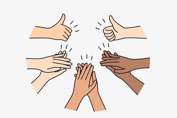 Vektor die hände der leute applaudieren und zeigen den daumen als zeichen des respekts und der unterstützung für den redner