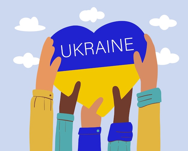 Vektor die hände der menschen halten das herz in form der ukrainischen flagge. die unterstützung der menschen gegen den krieg