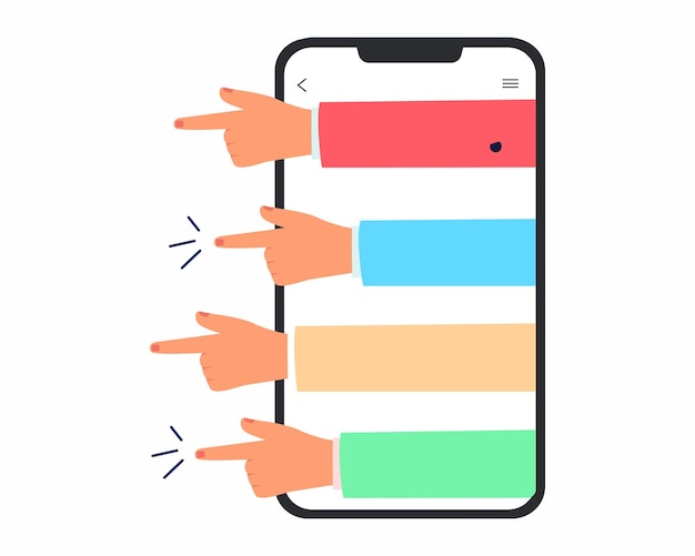 Die hände vieler menschen zeigen mit dem finger aus dem telefonkonzept des online-trollings und mobbings