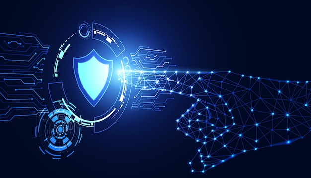 Die Hand des digitalen Konzepts mit abstraktem Hintergrund zeigt auf den Cyber-Sicherheitsschild-Antiviren-Malware-Spion