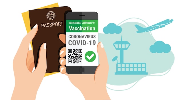 Die hand des tourismus hält einen reisepass und ein mobiles coronavirus-impfzertifikat für smartphones, e-pass-app mit qr-code für internationales reisekonzept am flughafen