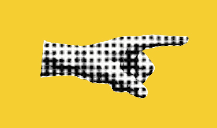 Vektor die hand, die auf das rechte halbton-ausschnittelement auf gelbem hintergrund zeigt, ist ein pop-art-retro-element
