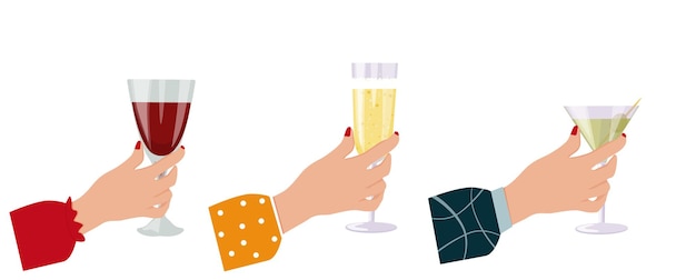 Vektor die hand einer frau hält ein glas mit einem alkoholischen getränk. wein, champagner, martini.