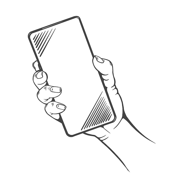 Vektor die hand hält ein mobiltelefon kopieren sie das leerzeichen, um text oder bild in sketch-stil zu kleben