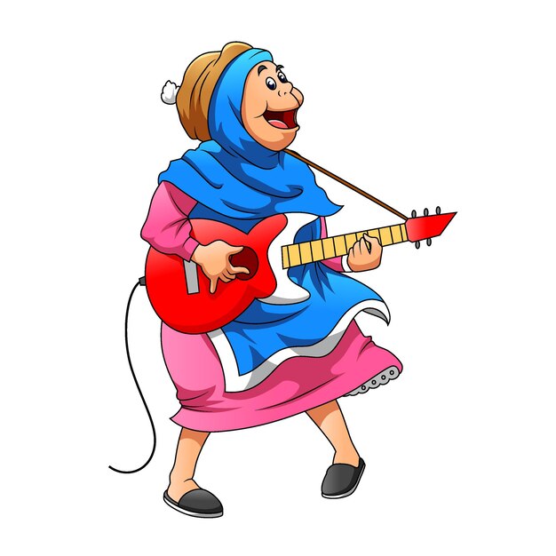 Die illustration der mutter, die den blauen schleier benutzt und die e-gitarre hält