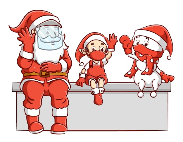 Die illustration der santa-klausel mit dem elfen und mr. snowman spricht zusammen mit dem gesundheitsprotokoll