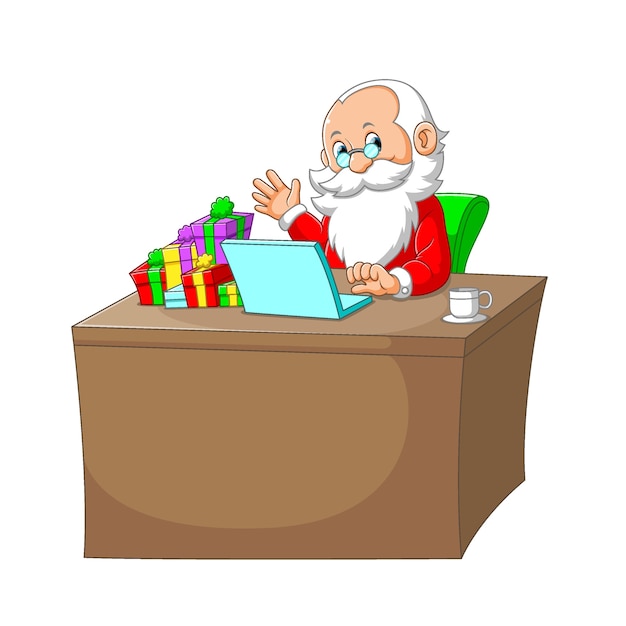 Die illustration des weihnachtsmanns, der in seinem schreibtisch mit dem laptop und geschenk in seinem schreibtisch sitzt