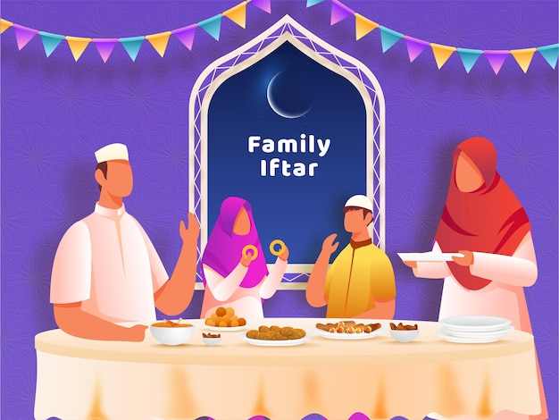 Vektor die illustration einer muslimischen familie, die die iftar-party mit köstlichen mahlzeiten zu hause feiert, kann als grußkarte verwendet werden