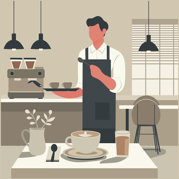 Die Illustration ist flach, handgezeichnet, ein gemütliches Café in warmen Farbtönen