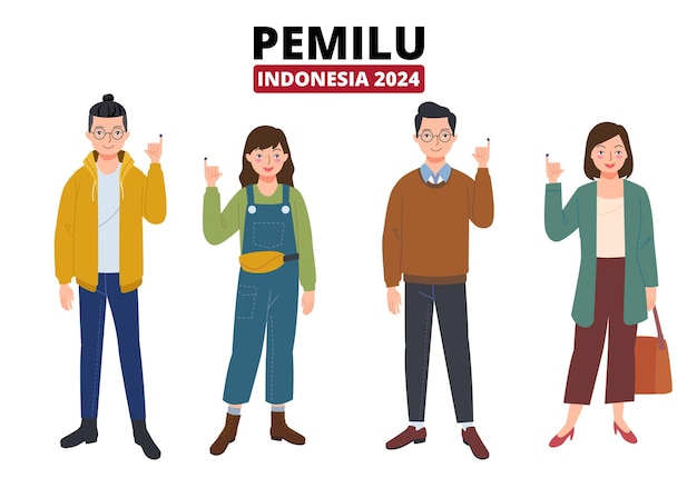 Vektor die indonesische junge generation, die nach der abstimmung bei den parlamentswahlen 2024 gefärbte finger zeigt