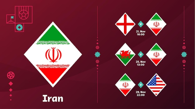 Die iranische Nationalmannschaft plant Spiele in der Endphase der Fußball-Weltmeisterschaft 2022 Vektordarstellung der Spiele der Fußballweltmeisterschaft 2022