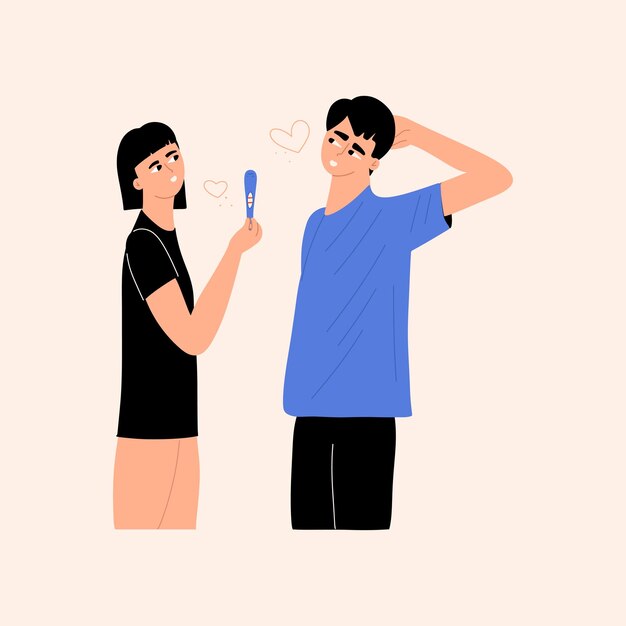Die junge werdende Mutter zeigt dem zukünftigen glücklichen Vater einen positiven Schwangerschaftstest Ein Mann und eine Frau erwarten ein Baby Handgezeichnete Vektorillustration