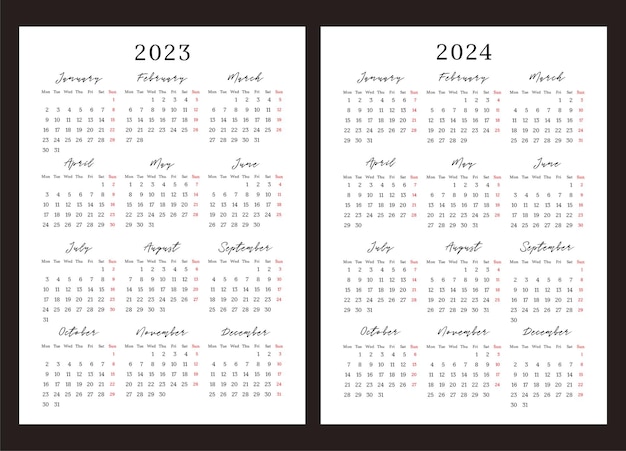 Die kalenderwoche 2023 und 2024 beginnt am montag. grundlegende vektorgrafik für geschäftsvorlagen