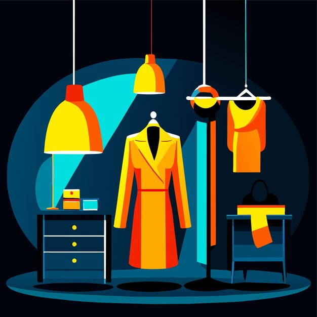 Die kleidung hängt auf einem von lampen beleuchteten hänger im ausstellungsraum einer mode-boutique-sortiment