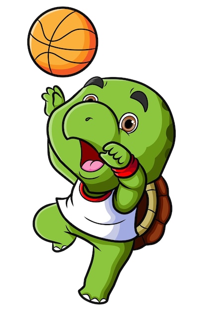 Die kleine schildkröte spielt basketball und schießt den ball