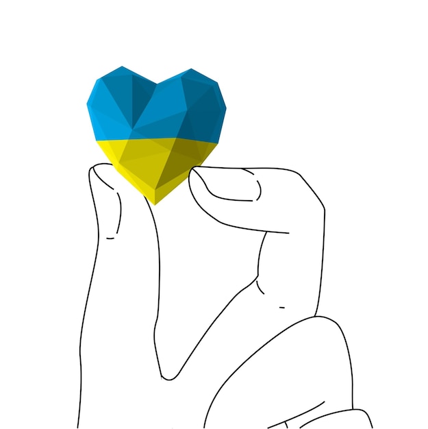 Die Konturhand hält an den Fingerspitzen die Volumenflagge der Ukraine in Form eines Herzens