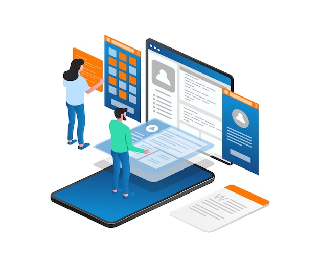 Die konzeptillustration des isometrischen teams entwirft eine website-anwendung
