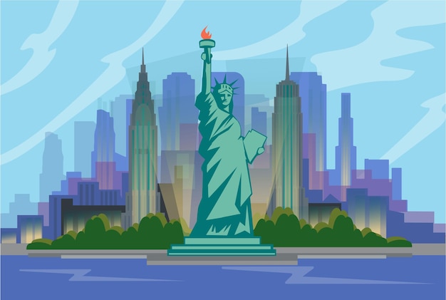 Die landschaft der wolkenkratzer von new york city mit der freiheitsstatue flache vektorgrafik