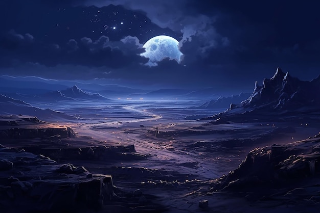 die Landschaft mit Nacht und Mond im Stil der 2D-Kunst