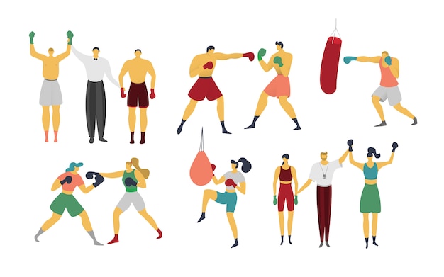 Die leute boxen, kickboxen, illustration isoliert auf weiß, boxer trainiert, schlägt boxsack, sportlercharaktere im flachen stil.