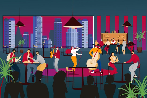 Die Leute hören dem Musiker in der modernen Caféillustration zu. Musikband spielen im Restaurant, Jazzmusik mit Sängerin