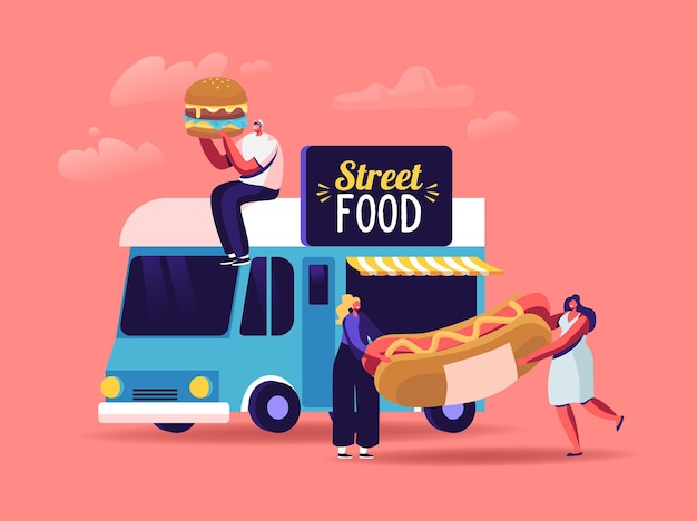 Vektor die leute kaufen street food, junk meals zum mitnehmen im wheeled cafe oder im food truck