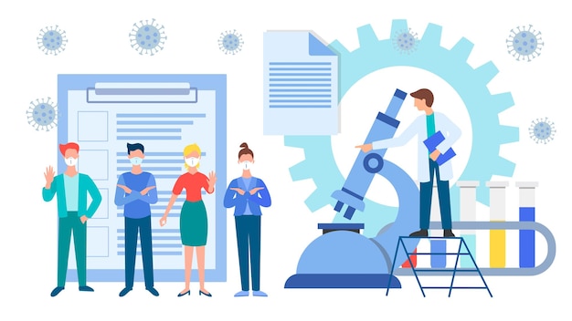 Vektor die leute sagen, stoppen sie das coronavirus, analysiert und testet ein arzt mit einem mikroskop und reagenzgläsern