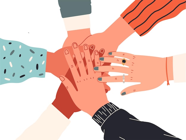 Die Menschen legen ihre Hände als eine Gruppe zusammen, die durch gemeinsame Werte vereint ist