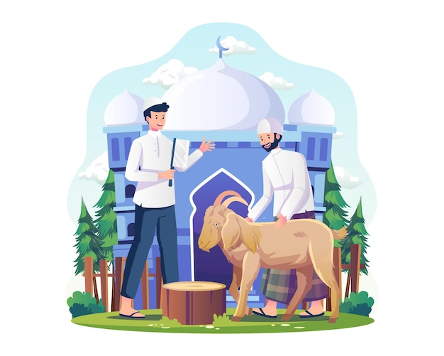 Die menschen schlachten ziegen als opfertiere, um eid al adha zu feiern