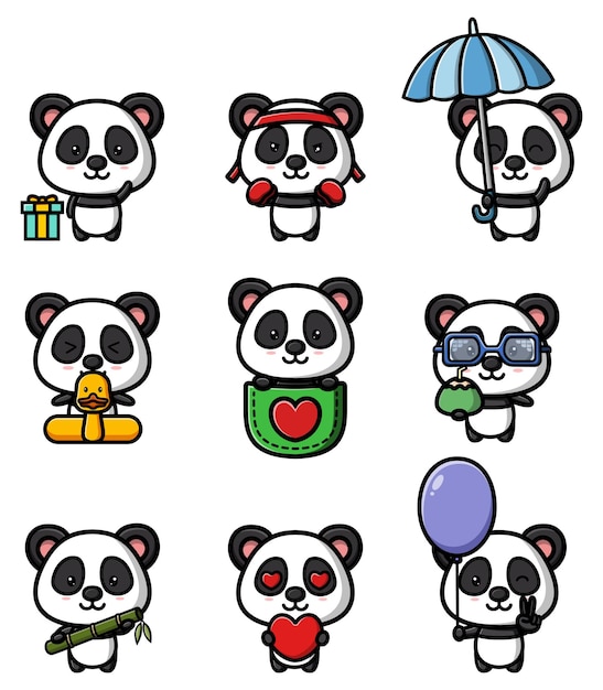 Die niedliche Sammlung des Pandas für das Babykarten-Maskottchen-Bundle-Set mit Illustrationen