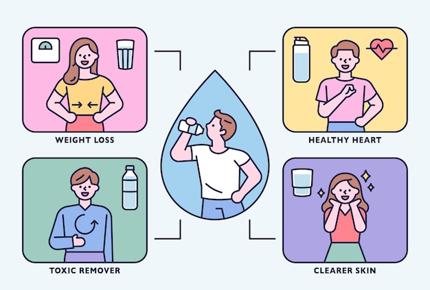 Die positiven Wirkungen des Trinkwassers werden mit informativen Illustrationen erklärt