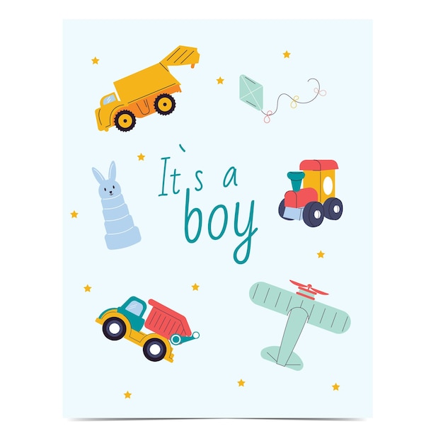 Die postkarte ist ein junge mit spielzeug babyparty