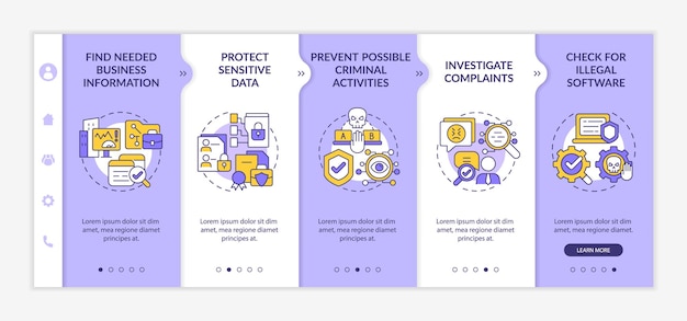 Die rechtliche überwachung verwendet die onboarding-vektorvorlage. responsive mobile website mit symbolen. webseiten-komplettlösung 5-schritt-bildschirme. farbkonzept zur arbeitsverfolgung mit linearen illustrationen