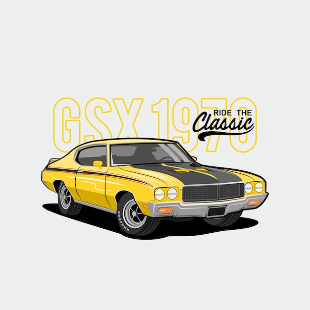 Die ride classic 70 vector illustration gelbe vintage-auto-perspektive classic-auto-ansicht