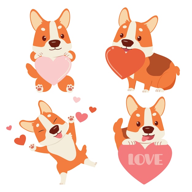 Die sammlung des niedlichen corgi-hundes mit herz auf dem weißen hintergrund. der charakter des niedlichen corgi-hundes mit valentinstagsthema. der charakter des niedlichen corgi-hundes im flachen stil.