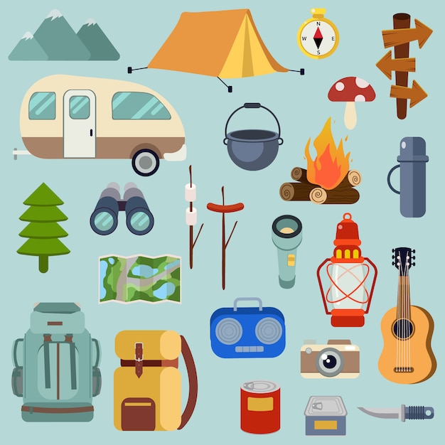 Vektor die sammlung von camping-packsets für den wald-picknick-ausflug.