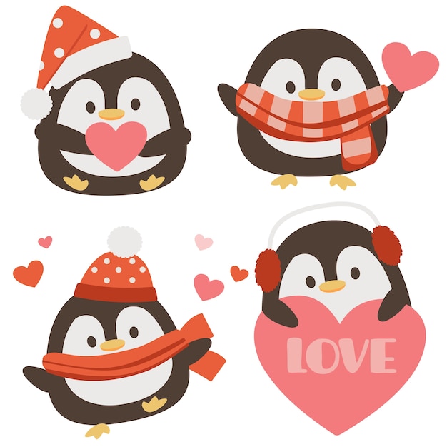 Die sammlung von niedlichen pinguin mit herz im flachen stil. grafische ressource über weihnachten und feiertage für hintergrund, grafik, inhalt, banner, aufkleberetikett und grußkarte.