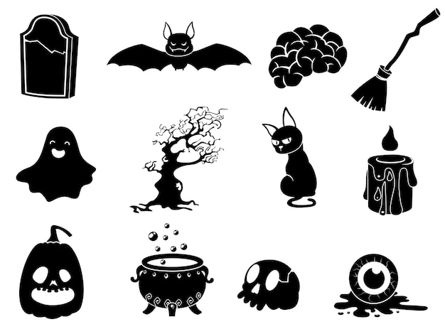 Vektor die schattensammlung von halloween-silhouetten-symbol und -charakter. die website im halloween-festival. vektor-clipart-illustration isoliert auf weißem hintergrund