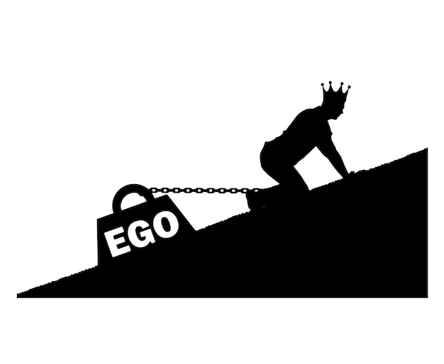 Die Silhouette eines egoistischen Mannes mit einer Krone auf dem Kopf schleicht sich hoch Zu seinen Füßen ist die Last der Ego-Vektor-Silhouette gebunden