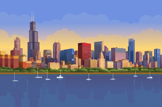 Die skyline von chicago im sonnigen sonnenuntergang spiegelte sich im wasser wider. chicago yacht panorama