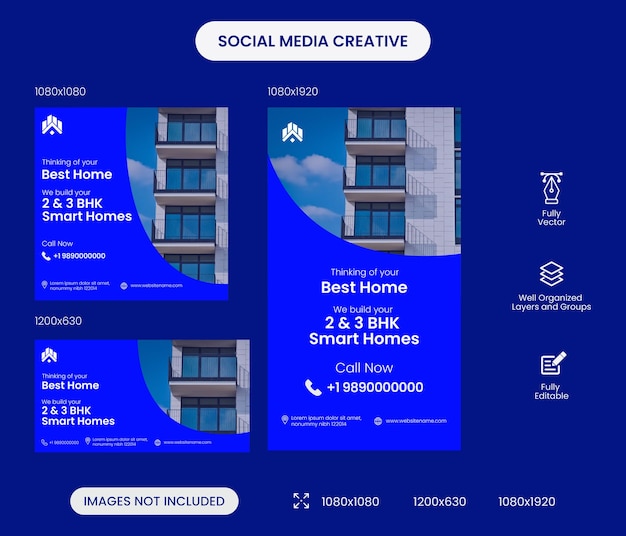 Vektor die social-media-posts von immobilienhaus-kreativen sind in mehreren größen verfügbar