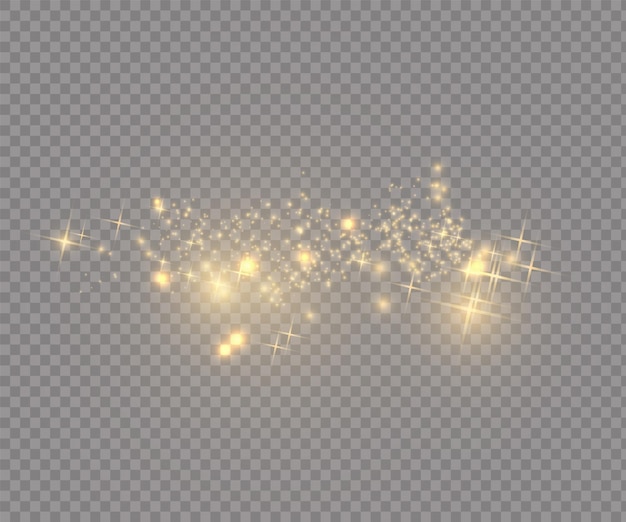 Die staubfunken und goldenen sterne leuchten in besonderem licht. vektor funkelt auf transparentem hintergrund. weihnachtslichteffekt. funkelnde magische staubpartikel.