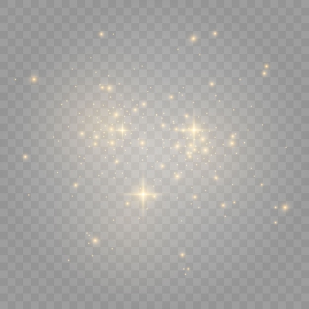 Die Staubfunken und goldenen Sterne leuchten mit besonderem Licht. Funkelnde magische Staubpartikel.