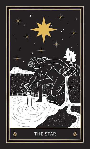 Die Stern-Tarot-Karte in Major Arcana mit schwarzem Gold und weißem handgezeichnetem Vektor-Doodle-Stil