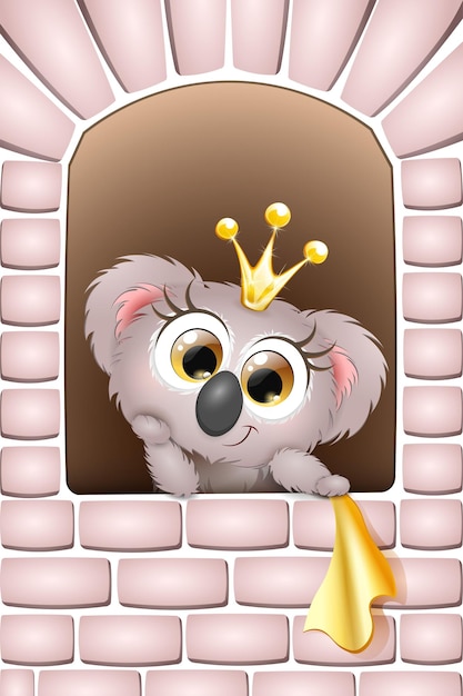 Die süße, flauschige Cartoon-Koala-Prinzessin schaut mit einem Taschentuch in den Händen aus dem Schlossfenster