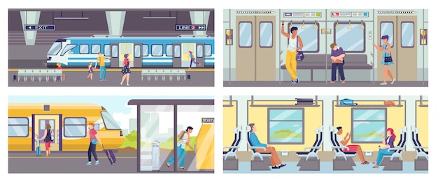 Vektor die szene der u-bahn innerhalb des u-bahnwagens mit der menge der sitzenden und stehenden fahrgastillustrationen. u-bahn mit rolltreppe u-bahn und u-bahn.