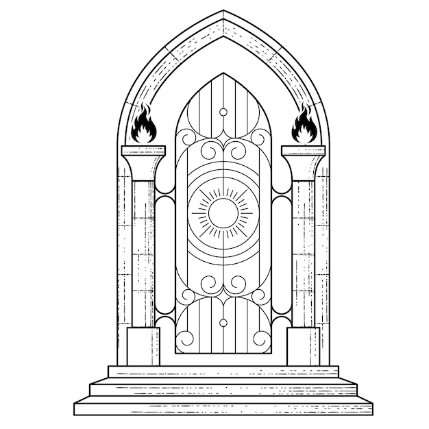 Die tore des himmels mit fackeln, portal zum paradies, okkultes tor zur hölle, bogenvektor