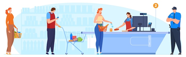 Die warteschlange an der kasse im supermarkt, die kassiererin nimmt die ware entgegen, der wachmann überwacht die bestellung im supermarkt. vektorillustration