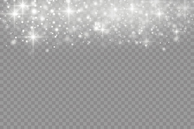Die weißen Staubfunken und der Stern leuchten mit besonderem Licht, Weihnachtsglanz-Lichteffekt, funkelnden magischen Staubpartikeln, die auf transparentem Hintergrund isoliert sind, leuchten Lichter, funkeln.